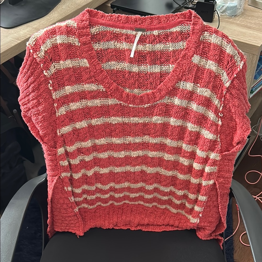 Free People coral and Cream Crew Neck Sweater with Wavy Stripes